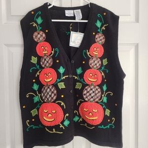 VTG Bobbie Brooks Knitted Halloween Pumpkin Sweater Grandmacore Vest, Sz 18w-20w